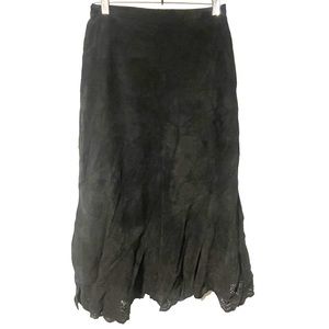 Chico’s Size 0 Small Leather Flare Bottom Midi Skirt with Laser Cut Detailed Hem